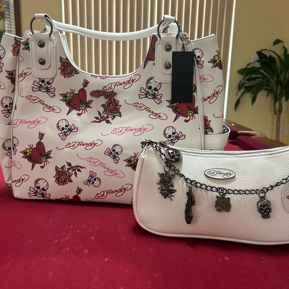 Ed Hardy White and Red Skull Print Shoulder Bag Set